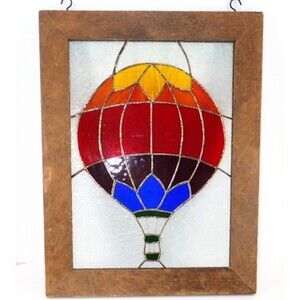 Rainbow Hot Air Balloon Stained Glass Wood Framed Window Panel 13" x 18" Gift